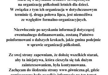 KOMUNIKAT Burmistrza Piwnicznej-Zdroju dot. organizacji półkolonii letnich dla dzieci