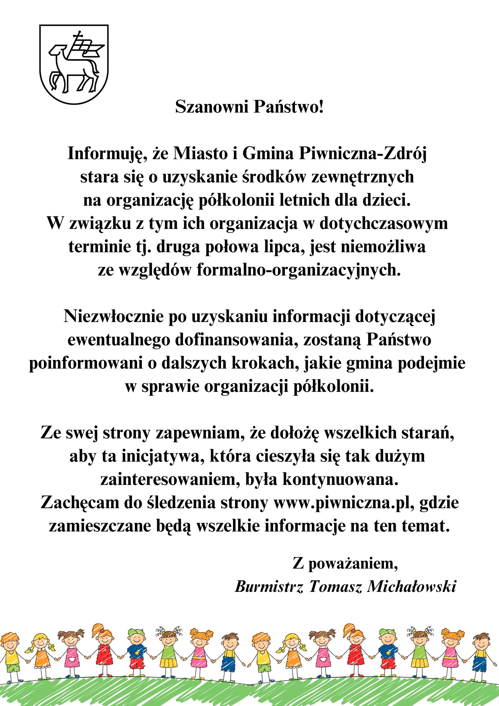 KOMUNIKAT Burmistrza Piwnicznej-Zdroju dot. organizacji półkolonii letnich dla dzieci